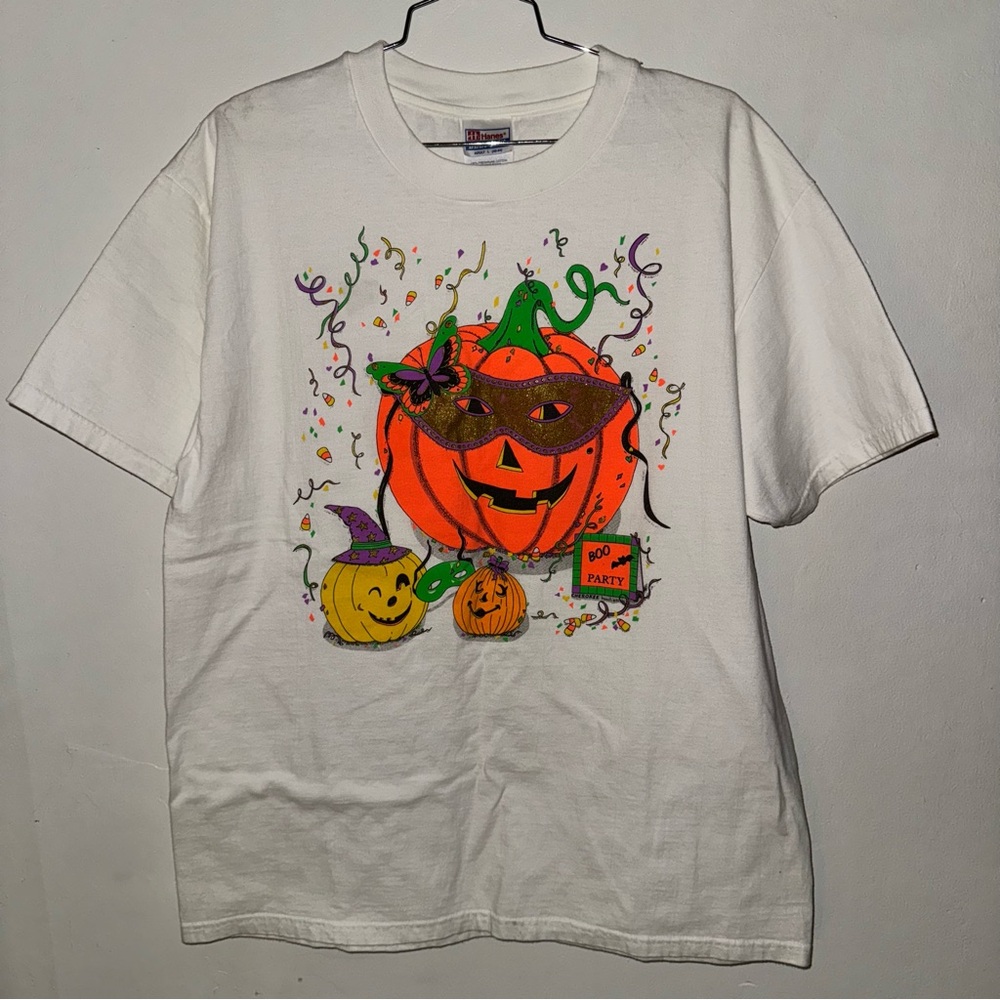 Vtg 90s Hanes Halloween Pumpkin Big Face Graphic Art Print Shirt Size L